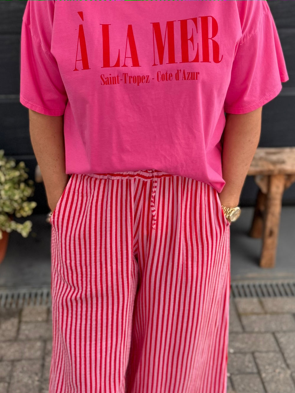 Broek roze rood gestreept