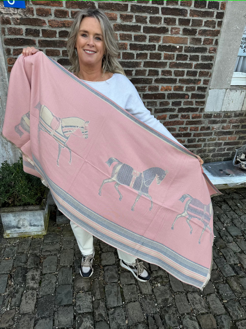 Sjaal designer print roze grijs paarden